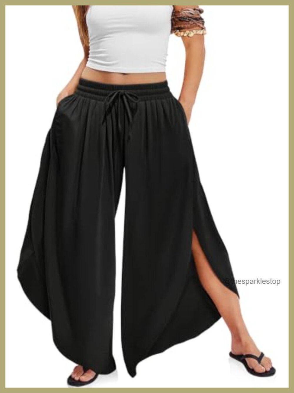 Linen Wide Leg Palazzo Pants Side Slit Cropped Beach Vacation